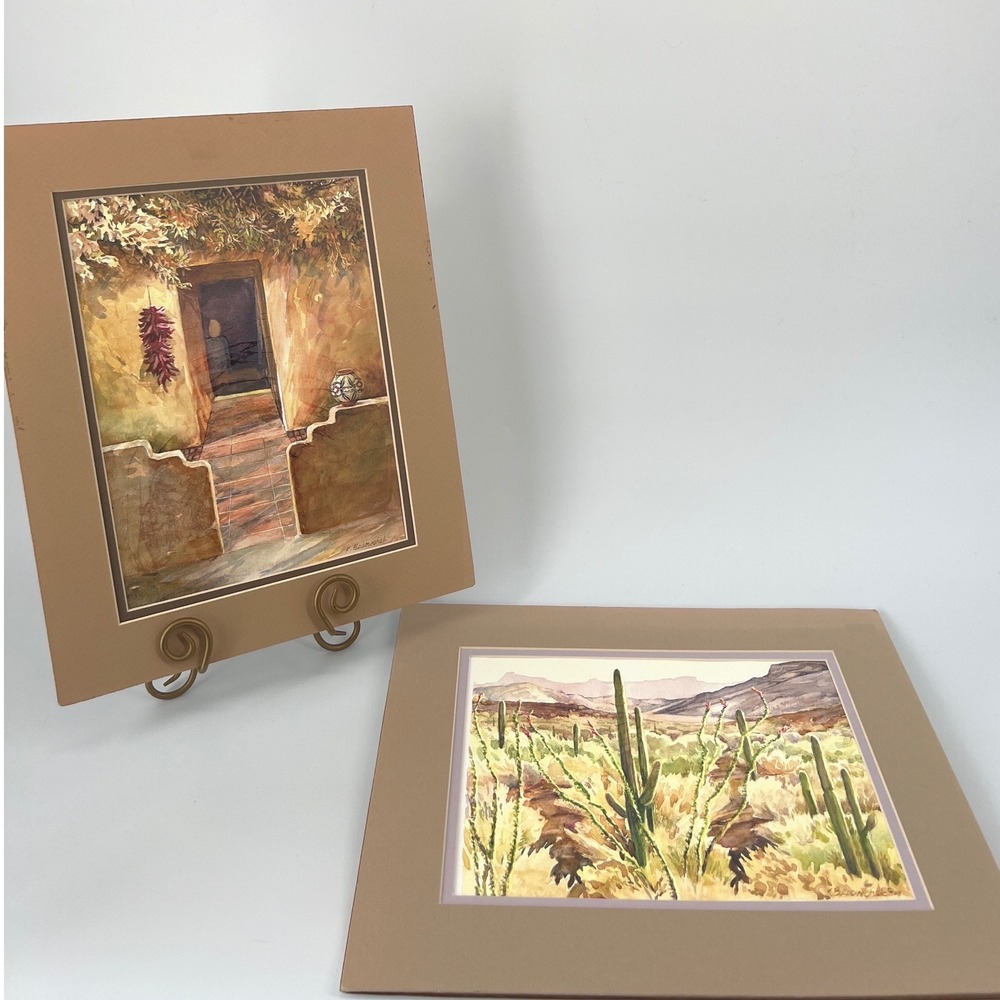 Vintage Southwest Watercolor Set Desert Landscape Adobe Cactus Wall Decor Signed